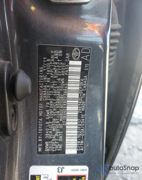 2011 Toyota Corolla Base из США, поврежденный, VIN 2T1BU4EEXBC738843